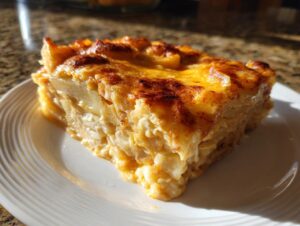 A thick, golden-brown slice of scalloped potatoes with cheese showing creamy layers and a bubbly, baked top.