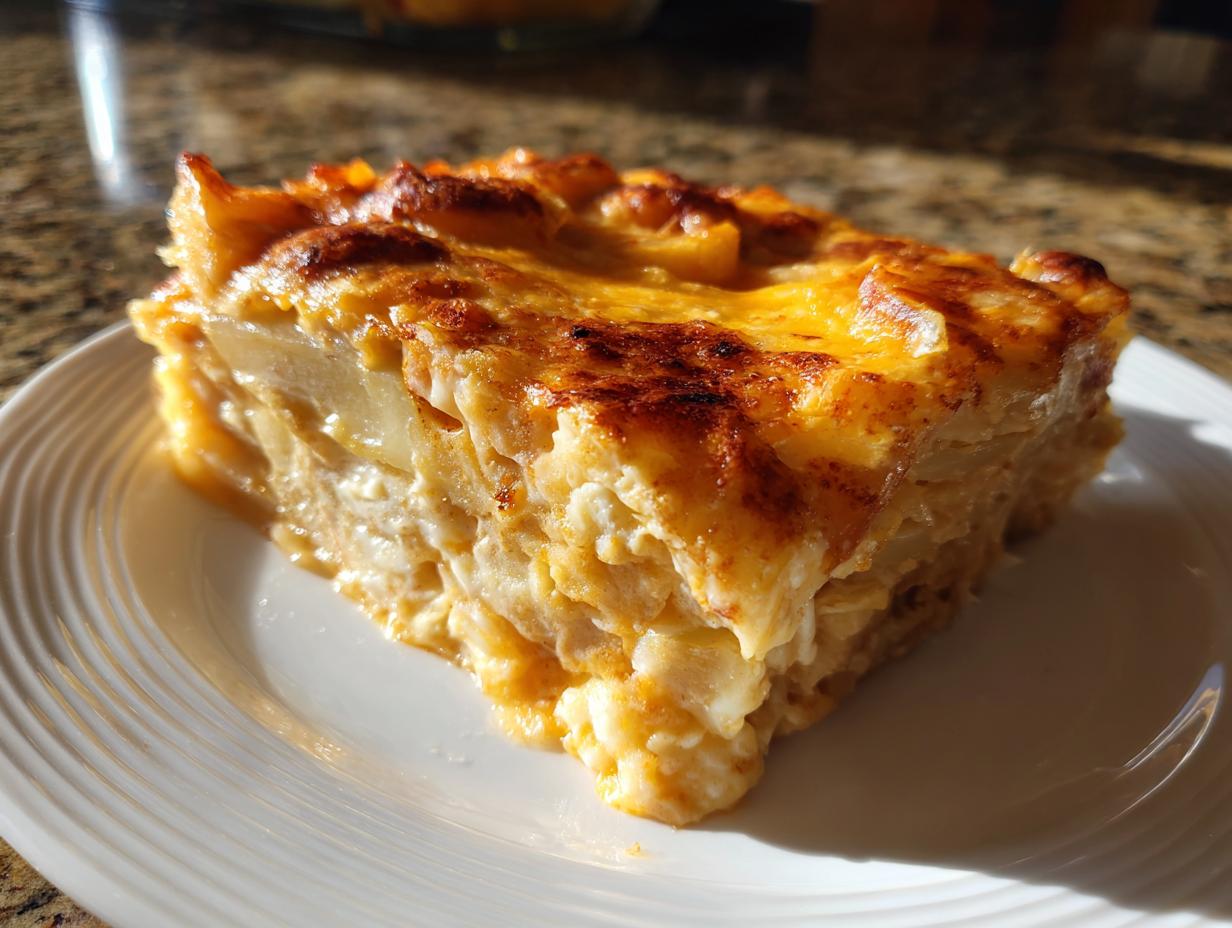 A thick, golden-brown slice of scalloped potatoes with cheese showing creamy layers and a bubbly, baked top.