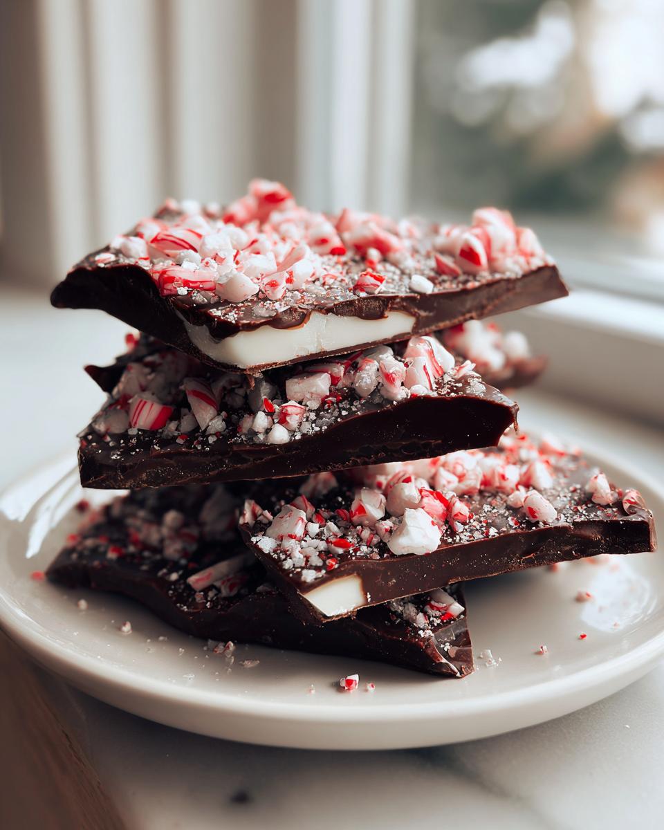 A stack of rich, dark chocolate peppermint bark pieces topped with crushed candy canes on a white plate.