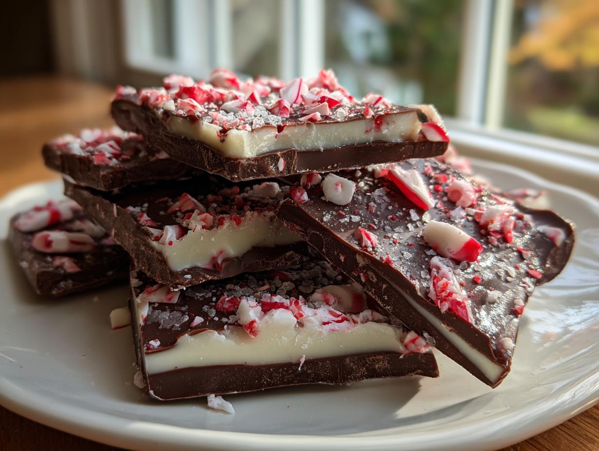 A stack of layered chocolate and white peppermint bark pieces topped with crushed candy canes.