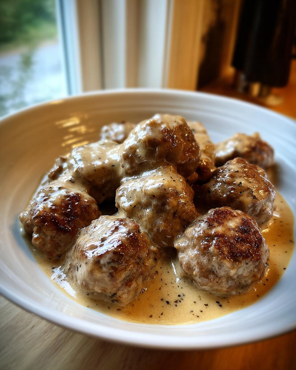 Close-up of several perfectly browned swedish meatballs smothered in a rich, creamy gravy with visible black pepper specks.