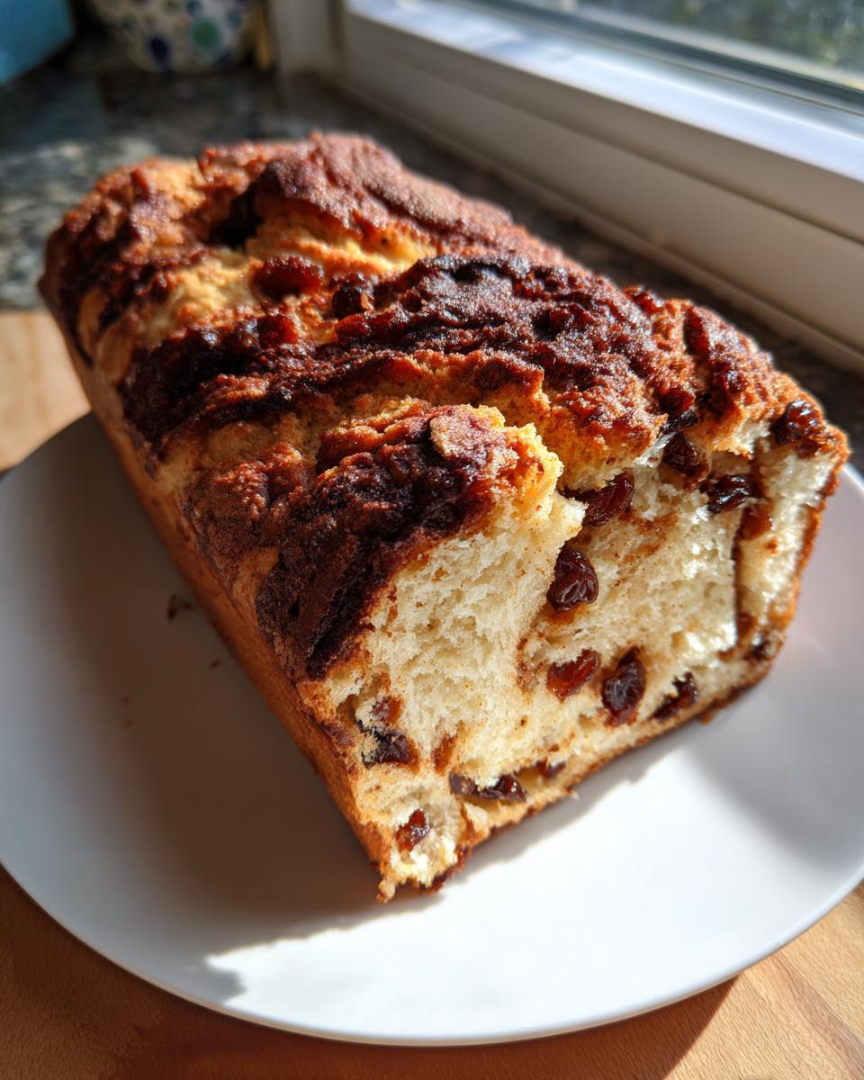 A freshly baked loaf of soft raisin bread with a dark, sugary crust, resting on a white plate near a window.