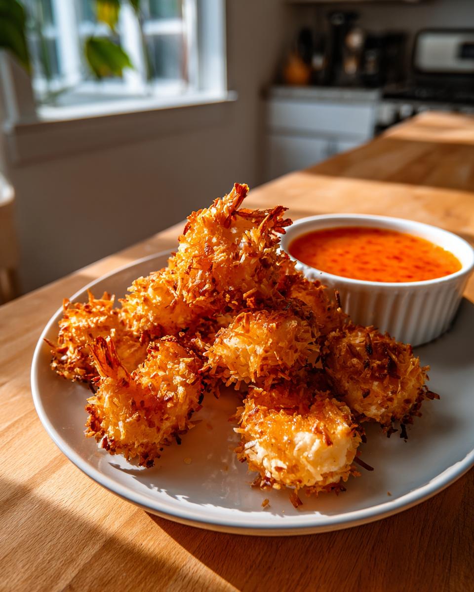 A plate piled high with crispy, golden baked coconut shrimp served next to a small bowl of bright orange dipping sauce.