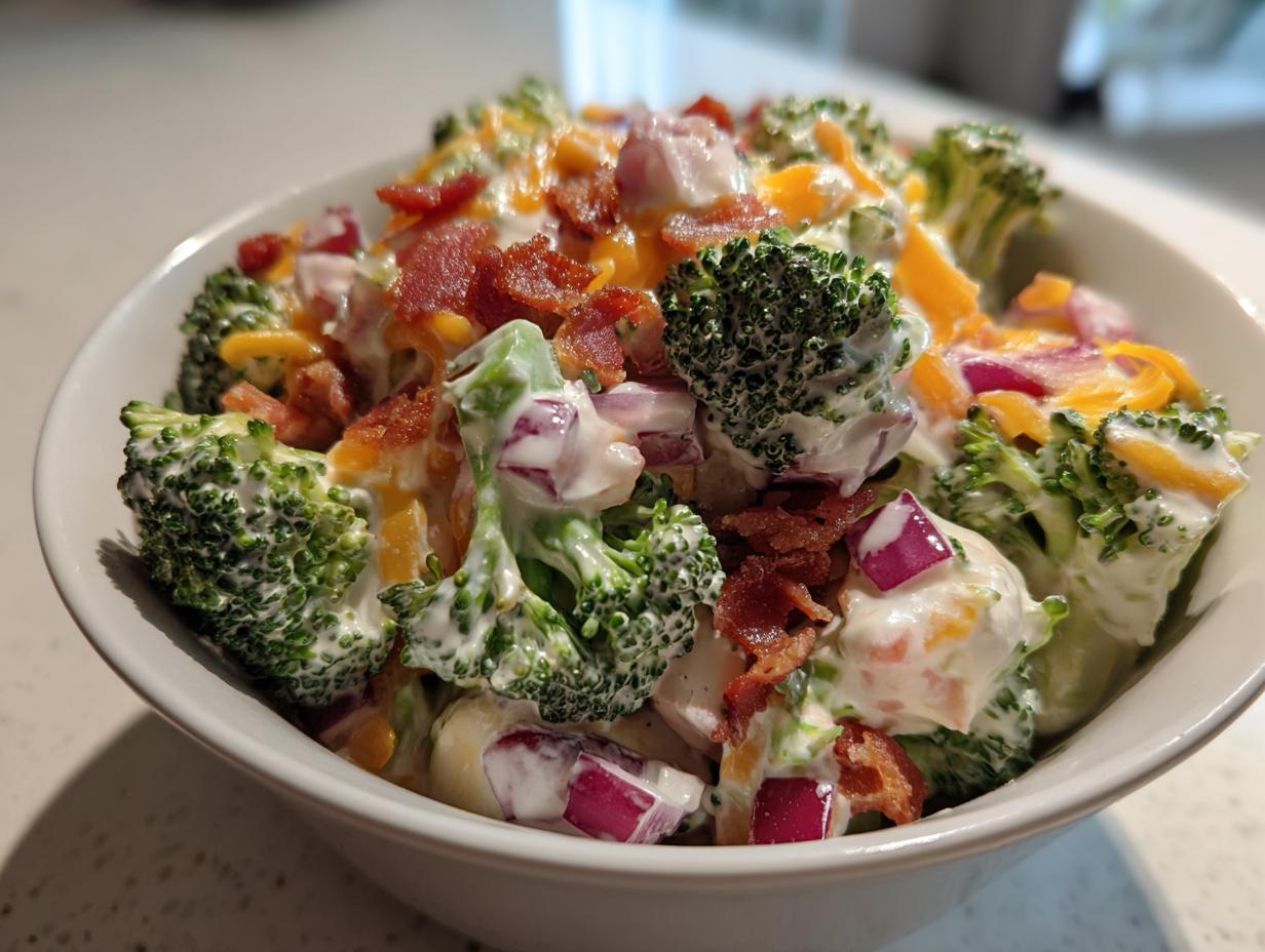 Close-up of a creamy apple broccoli salad featuring broccoli florets, red onion, shredded cheese, and bacon bits.