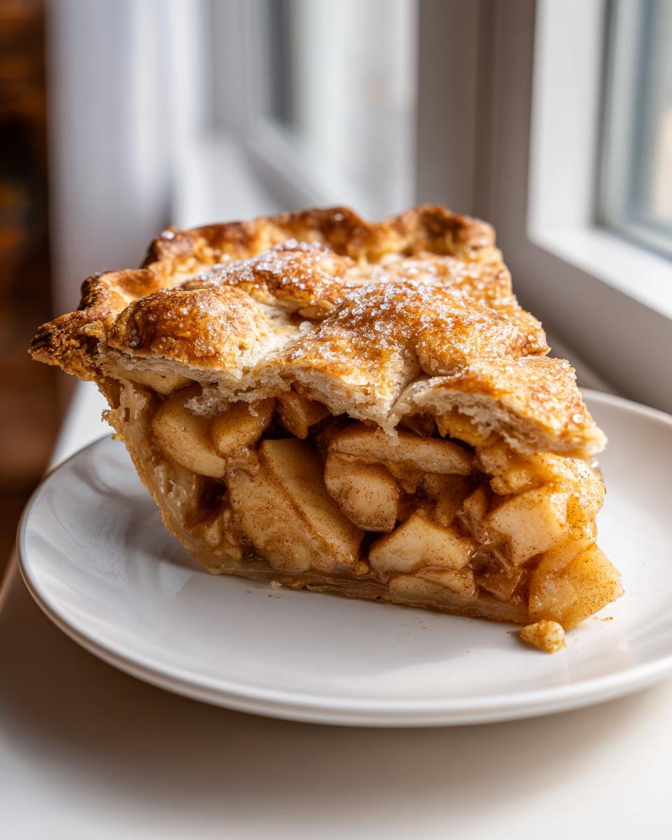 A thick slice of amazing apple pie showing a flaky, sugared crust and generous filling of spiced apple slices.