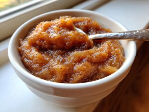 A close-up of thick, chunky, spiced applesauce served in a small white bowl with a spoon resting in it.