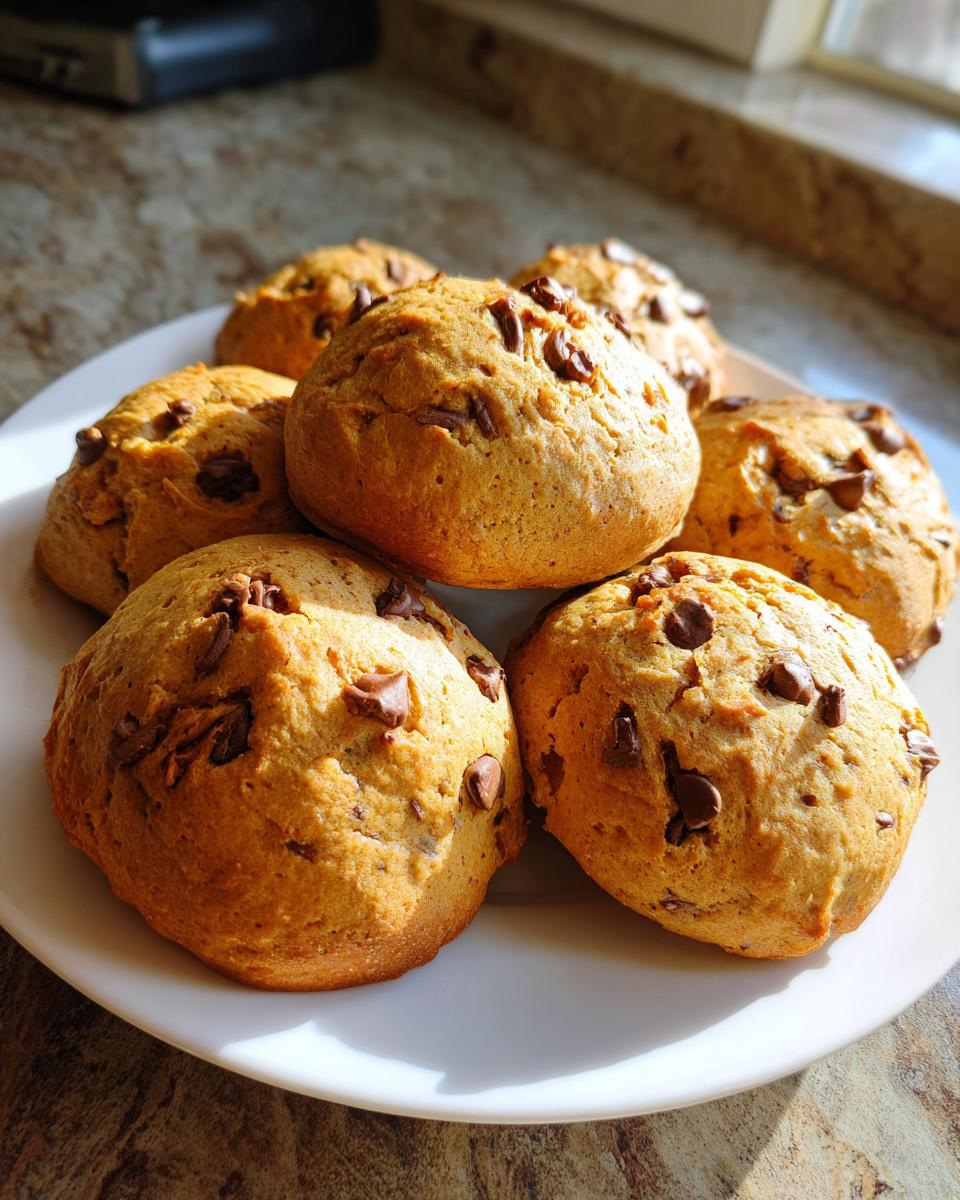 A plate of six thick, golden banana bread cookies studded with chocolate chips, highlighted by natural sunlight.