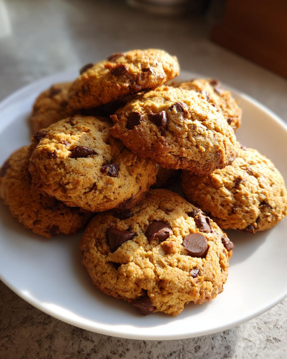 A close-up stack of freshly baked banana bread cookies loaded with melted chocolate chips on a white plate.
