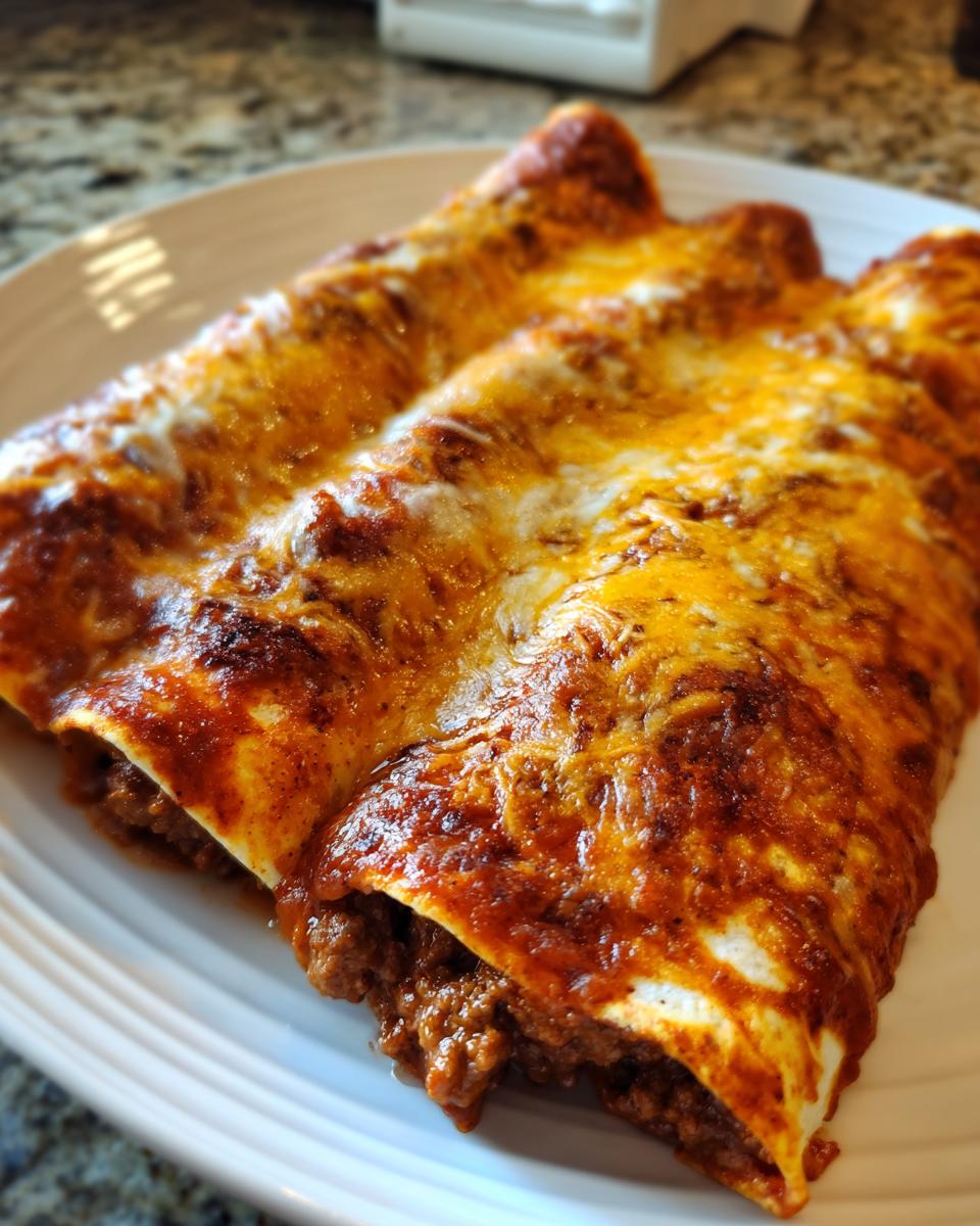 Close-up of three delicious beef enchiladas covered in red sauce and melted cheddar cheese.