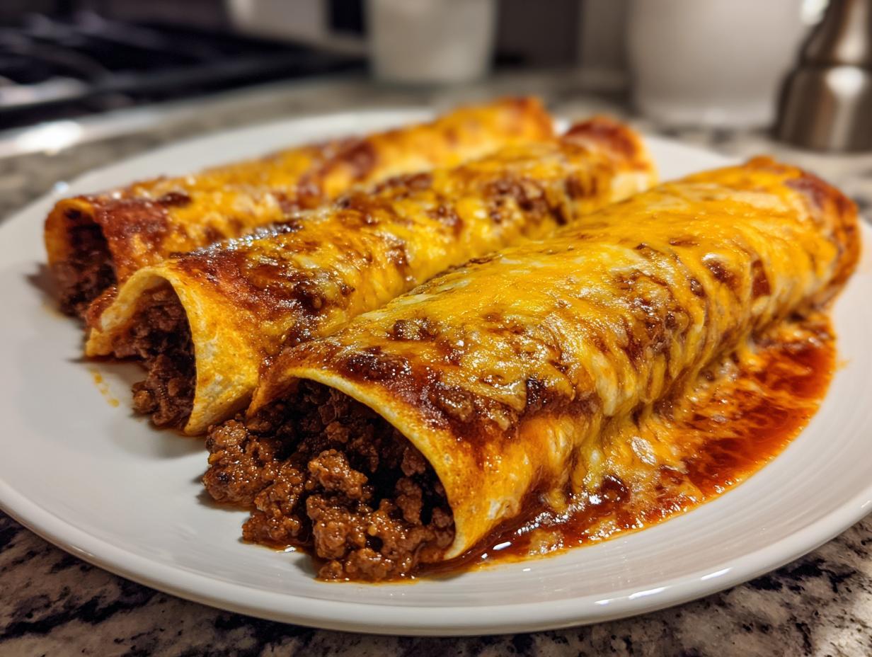 Close-up of three delicious beef enchiladas smothered in melted cheddar cheese and red sauce on a white plate.