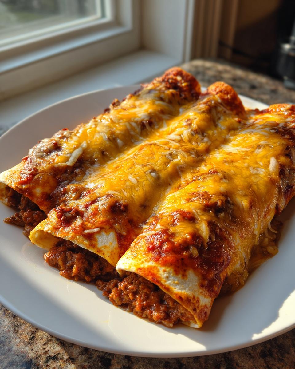Three rolled beef enchiladas covered in red sauce and melted cheddar cheese, served on a white plate.