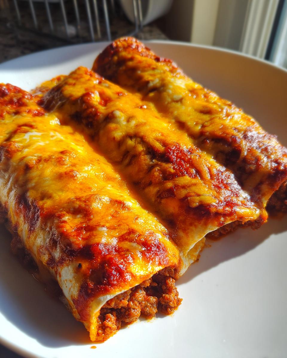 Three freshly baked beef enchiladas smothered in red sauce and melted orange cheese on a white plate.