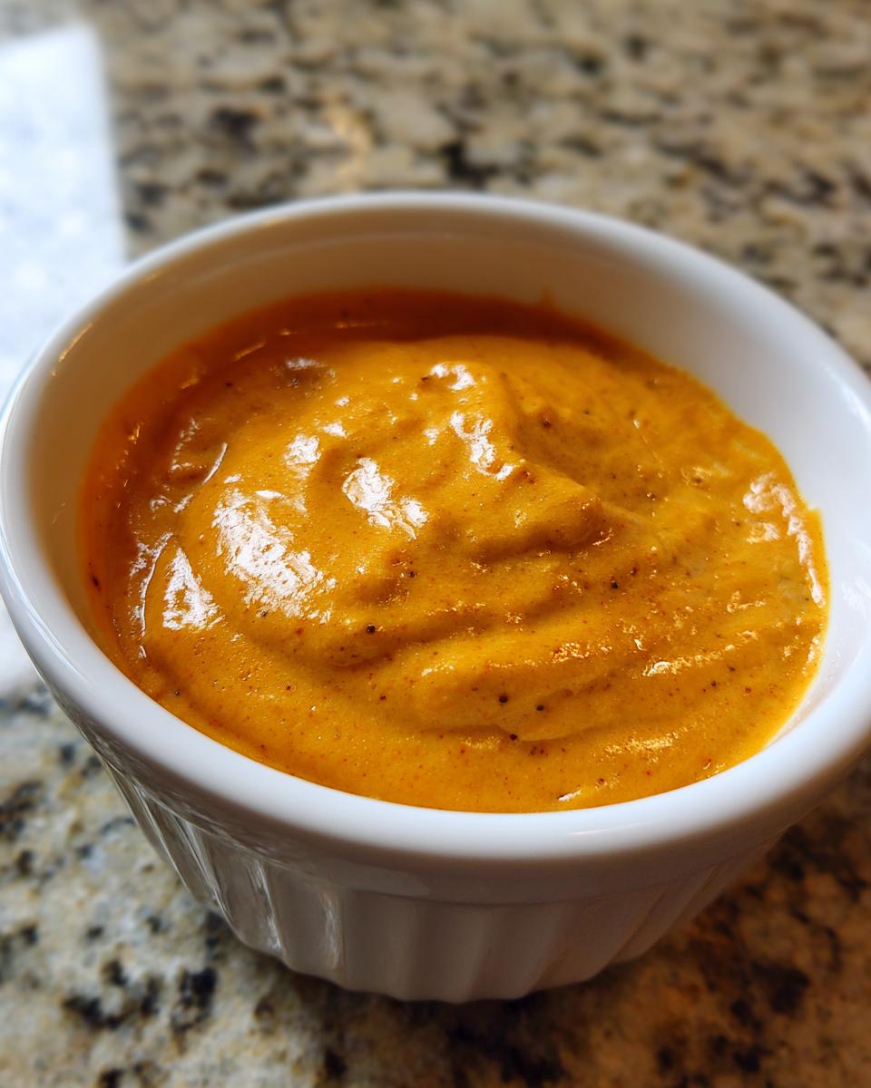 A close-up view of rich, orange beer cheese dip served in a small white ramekin on a granite countertop.