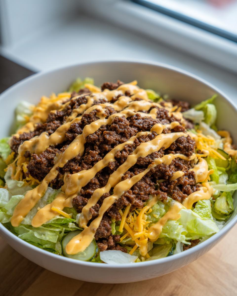 A close-up view of an amazing Big Mac Salad featuring seasoned ground beef, shredded cheese, pickles, and a generous drizzle of special sauce over lettuce.