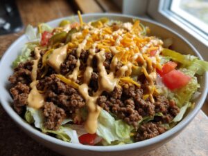 A close-up of a hearty big mac salad featuring seasoned ground beef, shredded cheese, pickles, tomatoes, and special sauce drizzle over lettuce.