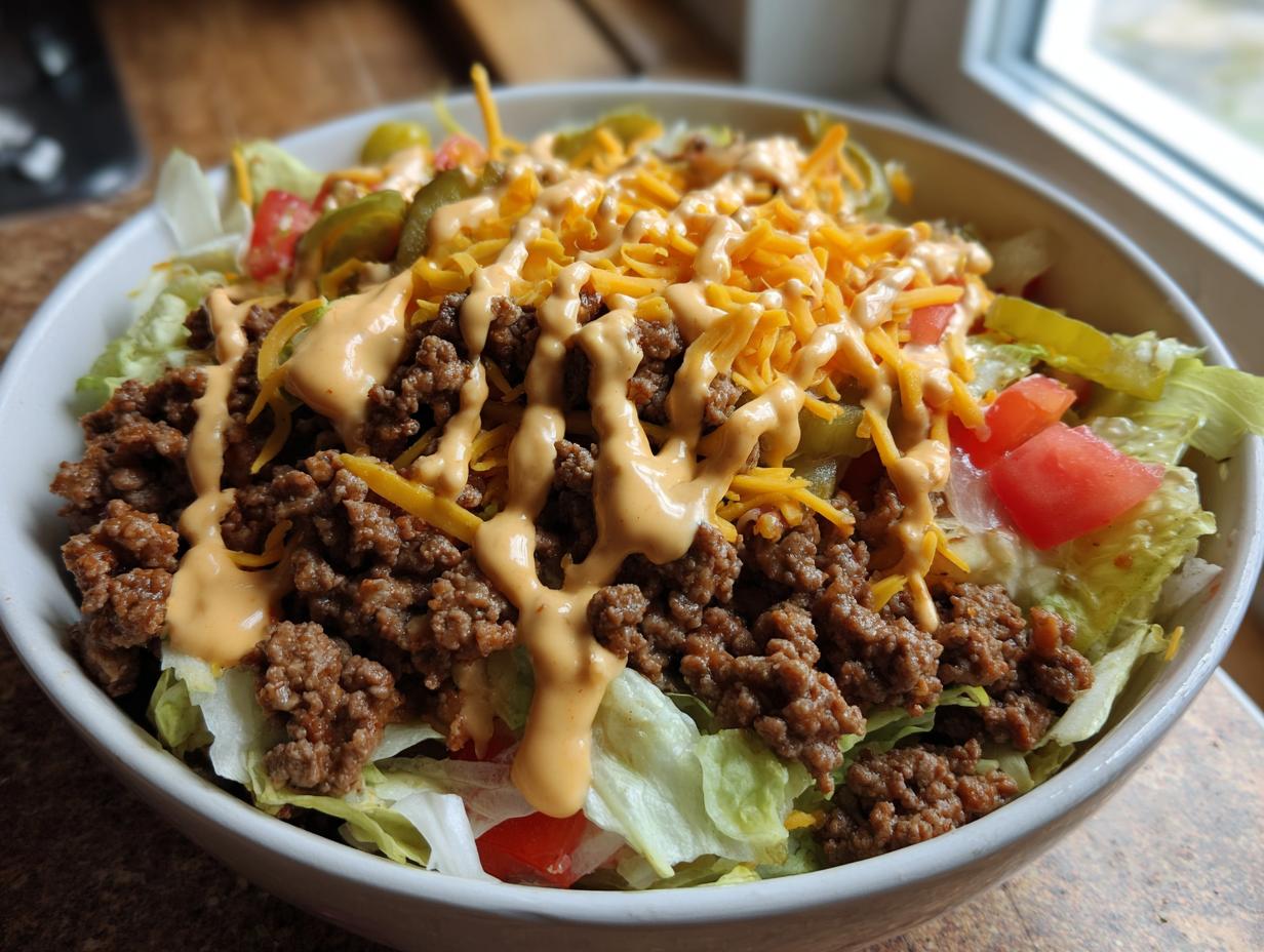 A close-up of a hearty big mac salad featuring seasoned ground beef, shredded cheese, pickles, tomatoes, and special sauce drizzle over lettuce.