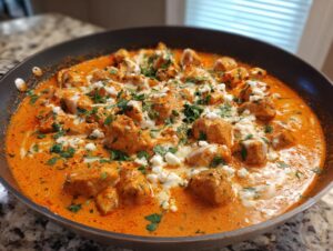 Close-up of cubed Cajun chicken pieces simmering in a rich, orange-red creamy sauce, topped with white cheese crumbles and fresh parsley.