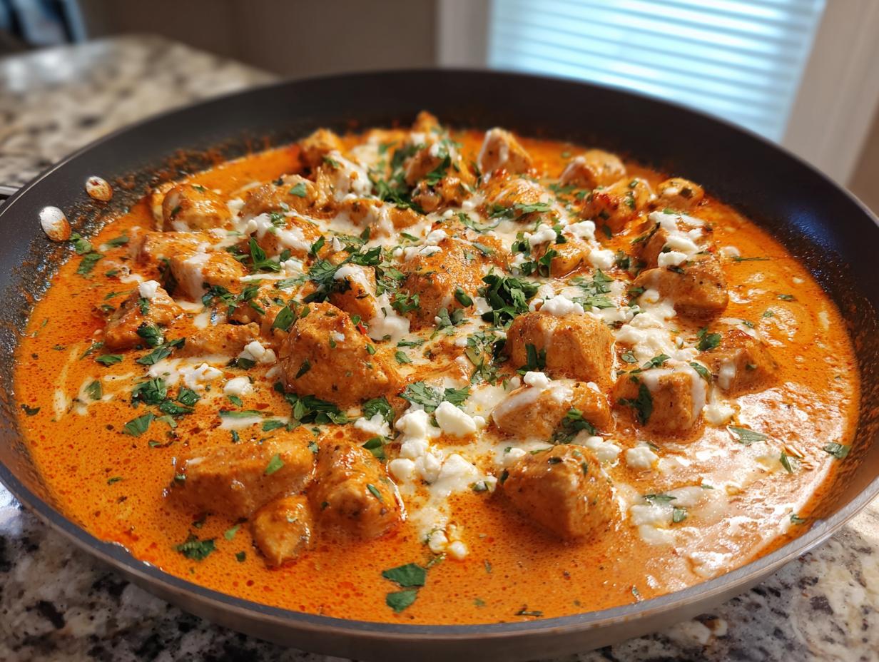 Close-up of cubed Cajun chicken pieces simmering in a rich, orange-red creamy sauce, topped with white cheese crumbles and fresh parsley.