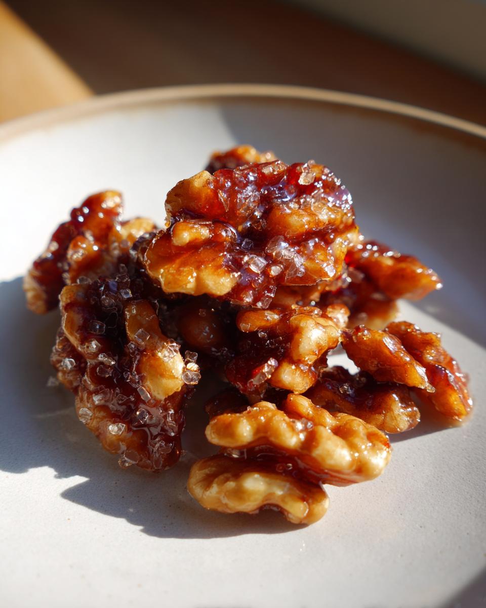 A close-up pile of glossy, homemade candied walnuts coated in a sticky glaze and visible sugar crystals.