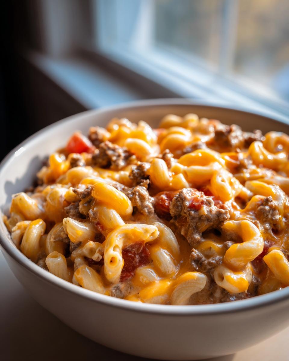 Close-up of a bowl filled with creamy, cheesy cheeseburger pasta featuring elbow macaroni and ground beef.