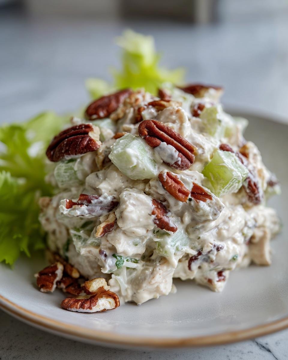 A scoop of creamy chicken salad mixed with celery and topped generously with pecans, served on a white plate.