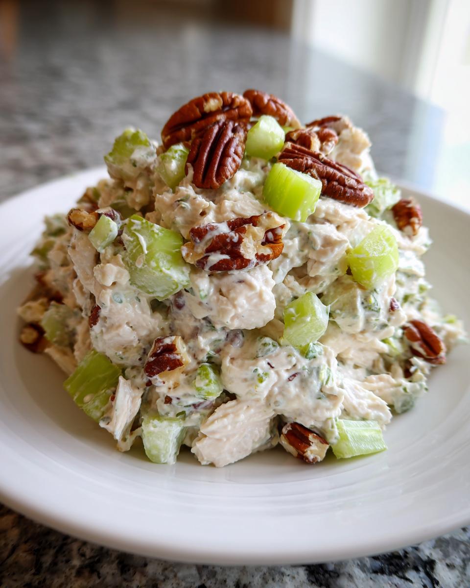 A mound of creamy chicken salad mixed with celery chunks and topped with whole pecans.