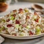 Close-up of creamy chicken salad piled high with celery chunks and topped with whole pecans.