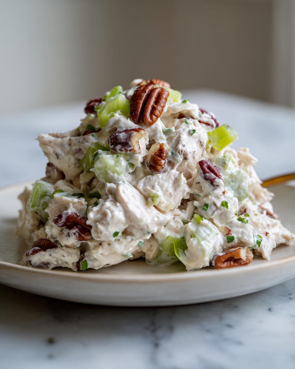 A mound of creamy chicken salad mixed with celery chunks and topped with whole pecans.