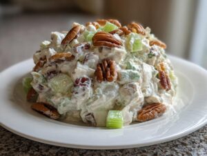 A generous mound of creamy chicken salad mixed with grapes and celery, topped with whole pecans, served on a white plate.