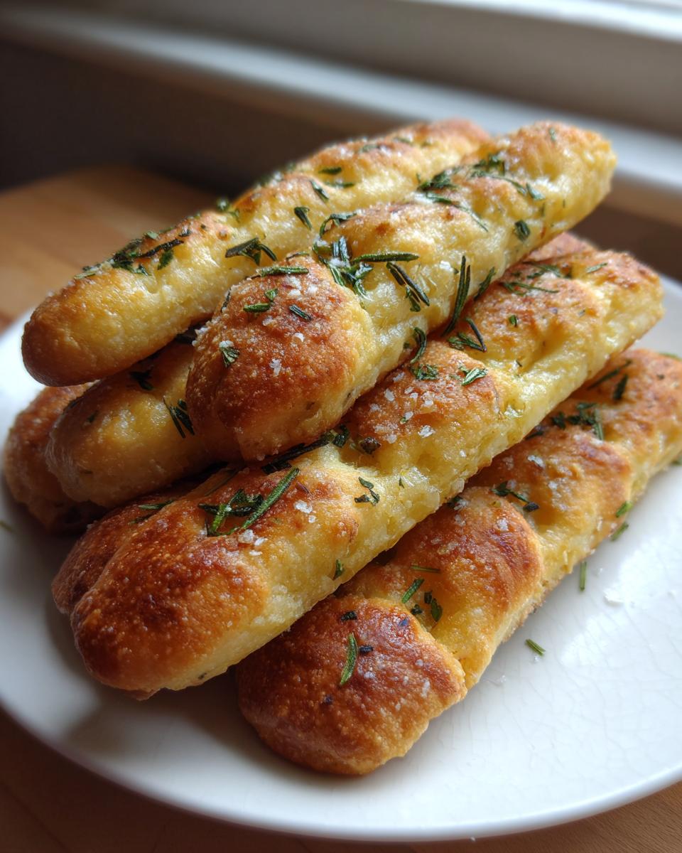 A stack of golden, freshly baked focaccia breadsticks seasoned with chopped rosemary and coarse sea salt.