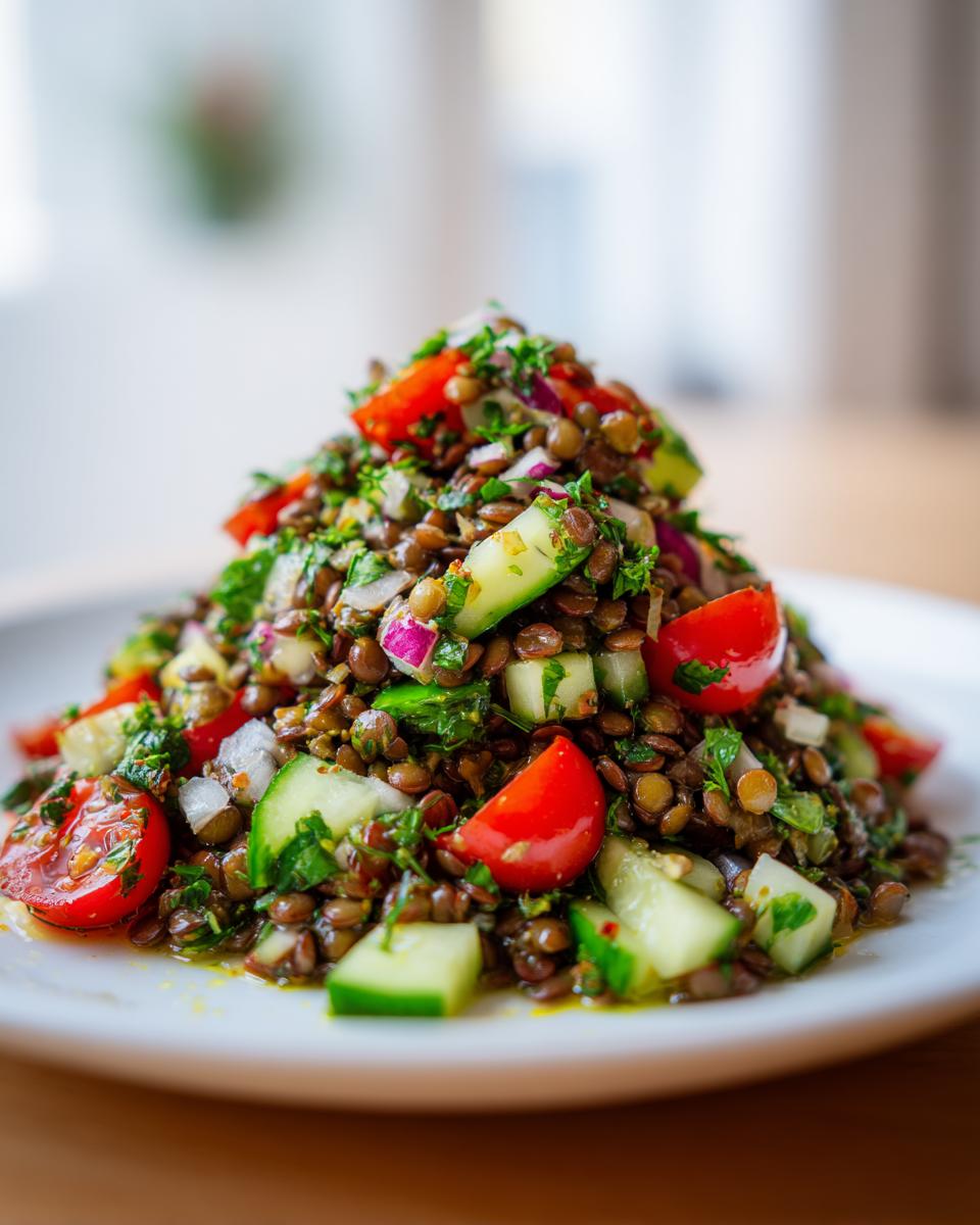 A close-up of a freshly prepared lentil salad mounded high on a white plate, featuring brown lentils, cucumber chunks, cherry tomato halves, and red onion.