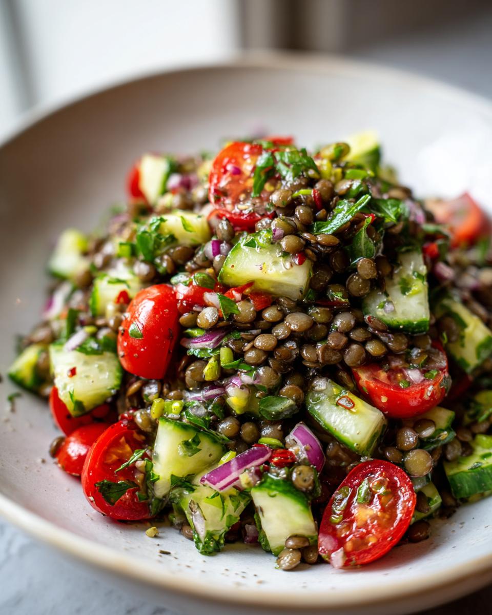 Close-up of a vibrant lentil salad featuring brown lentils, chopped cucumbers, halved cherry tomatoes, and red onion.