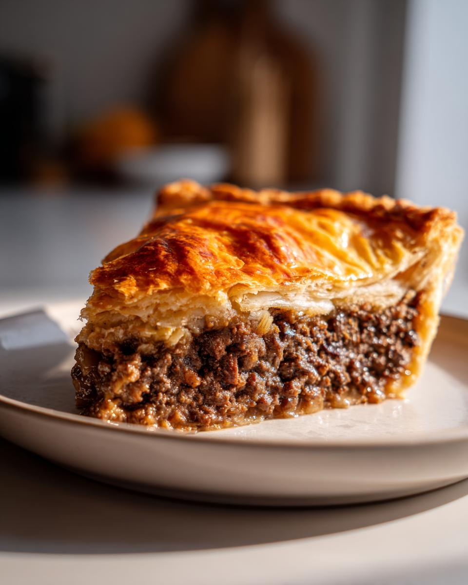 Close-up of a thick slice of savory meat pie showing rich, dark filling and a flaky, golden-brown puff pastry crust.
