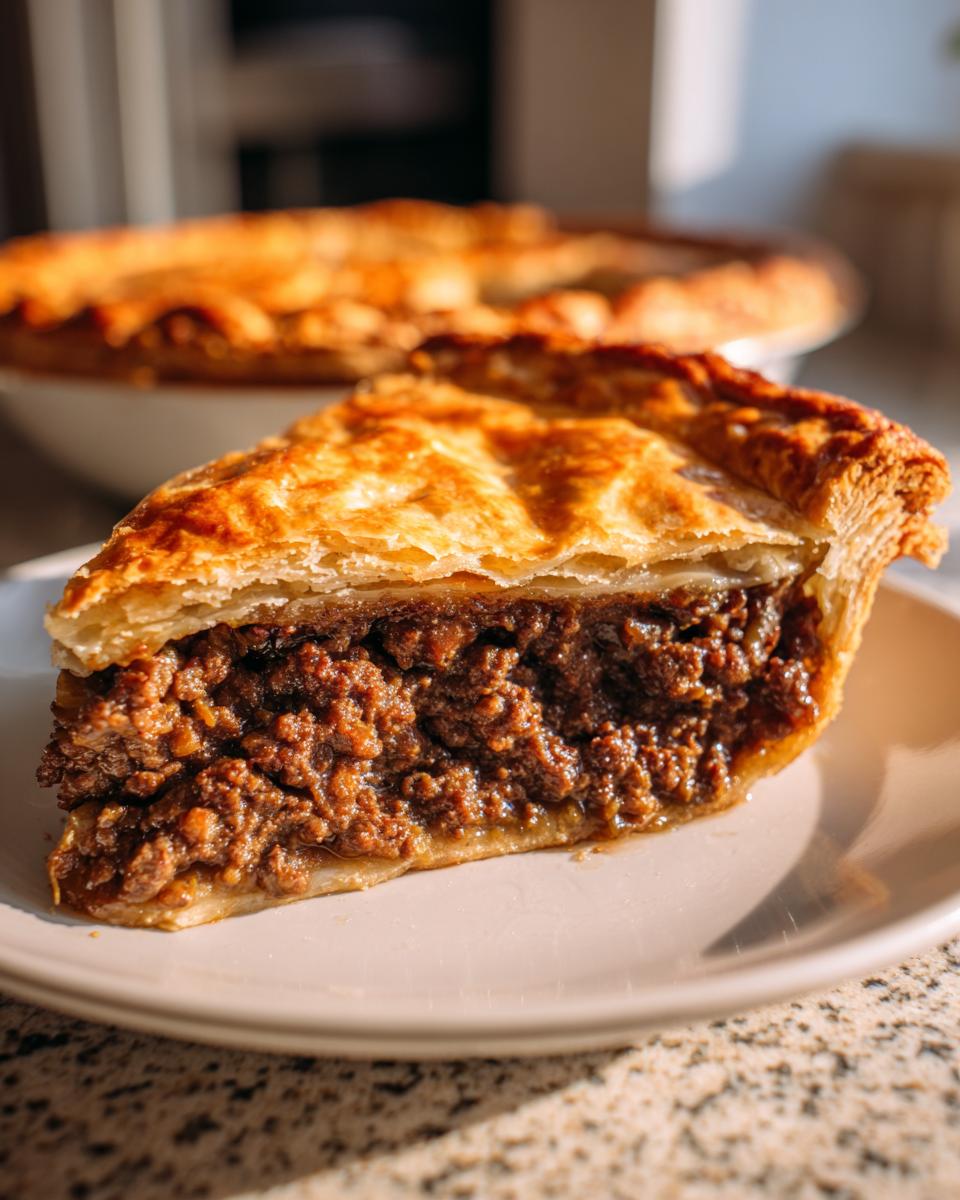 Close-up of a thick slice of amazing meat pie showing rich, savory filling and a golden, flaky pastry crust.