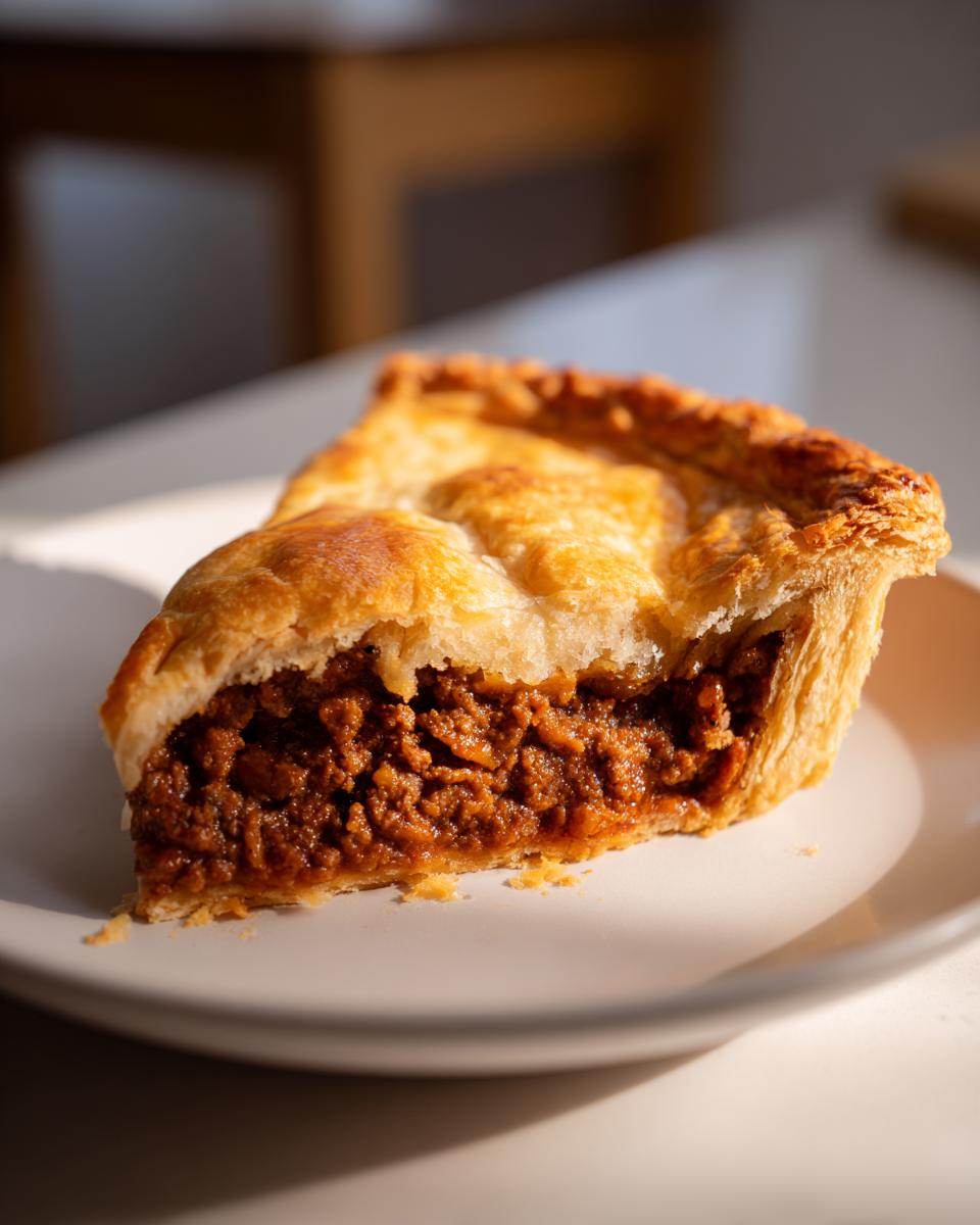 A close-up of a slice of savory meat pie showing rich, dark filling and flaky golden crust.