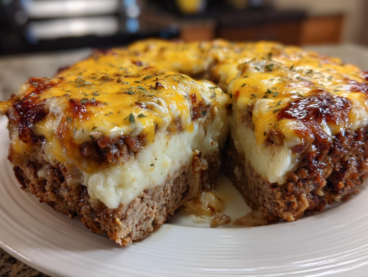 A thick slice of hearty meatloaf casserole showing layers of meat, mashed potatoes, and melted cheddar cheese topping.