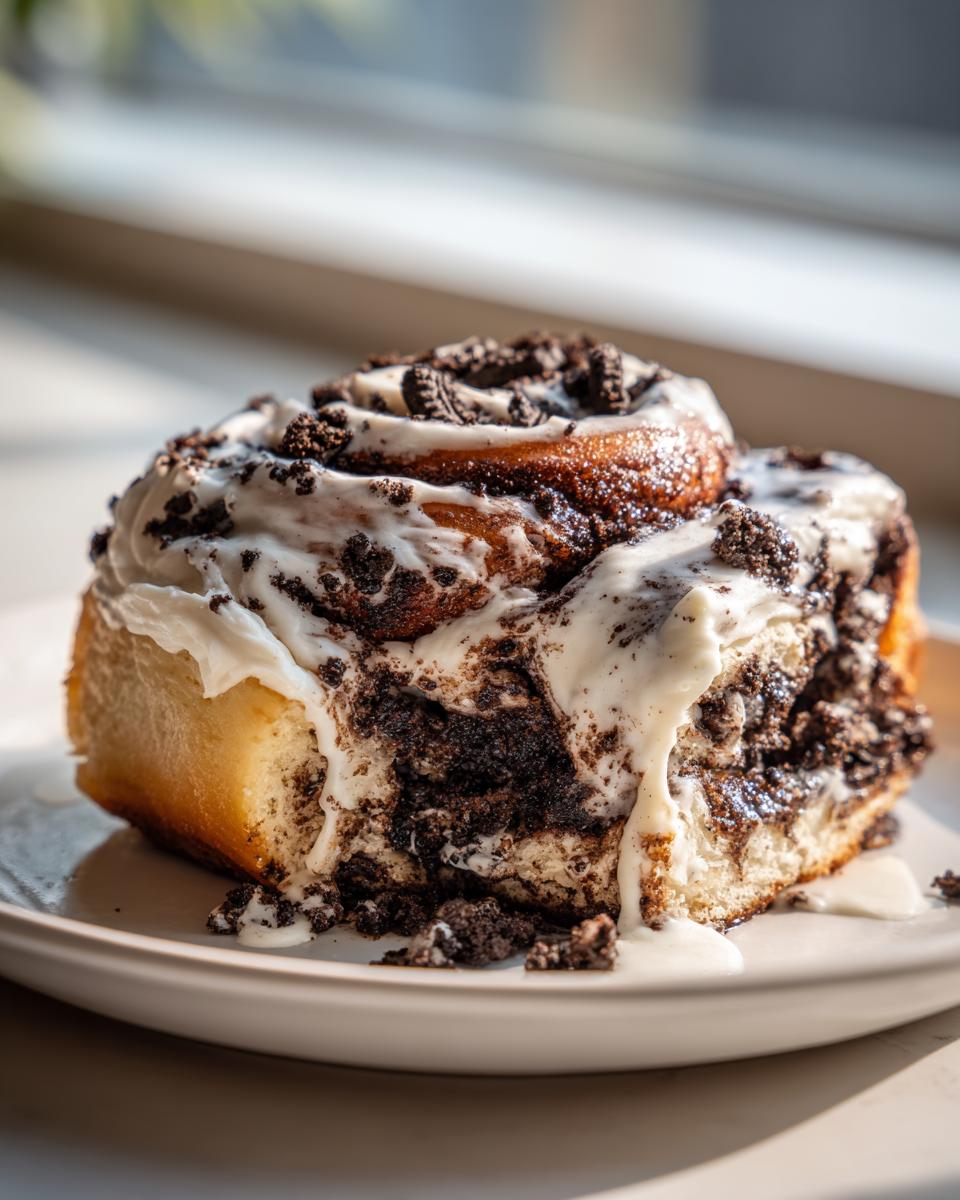 A close-up of a decadent Oreo cinnamon rolls slice covered in white icing and crushed Oreo pieces.