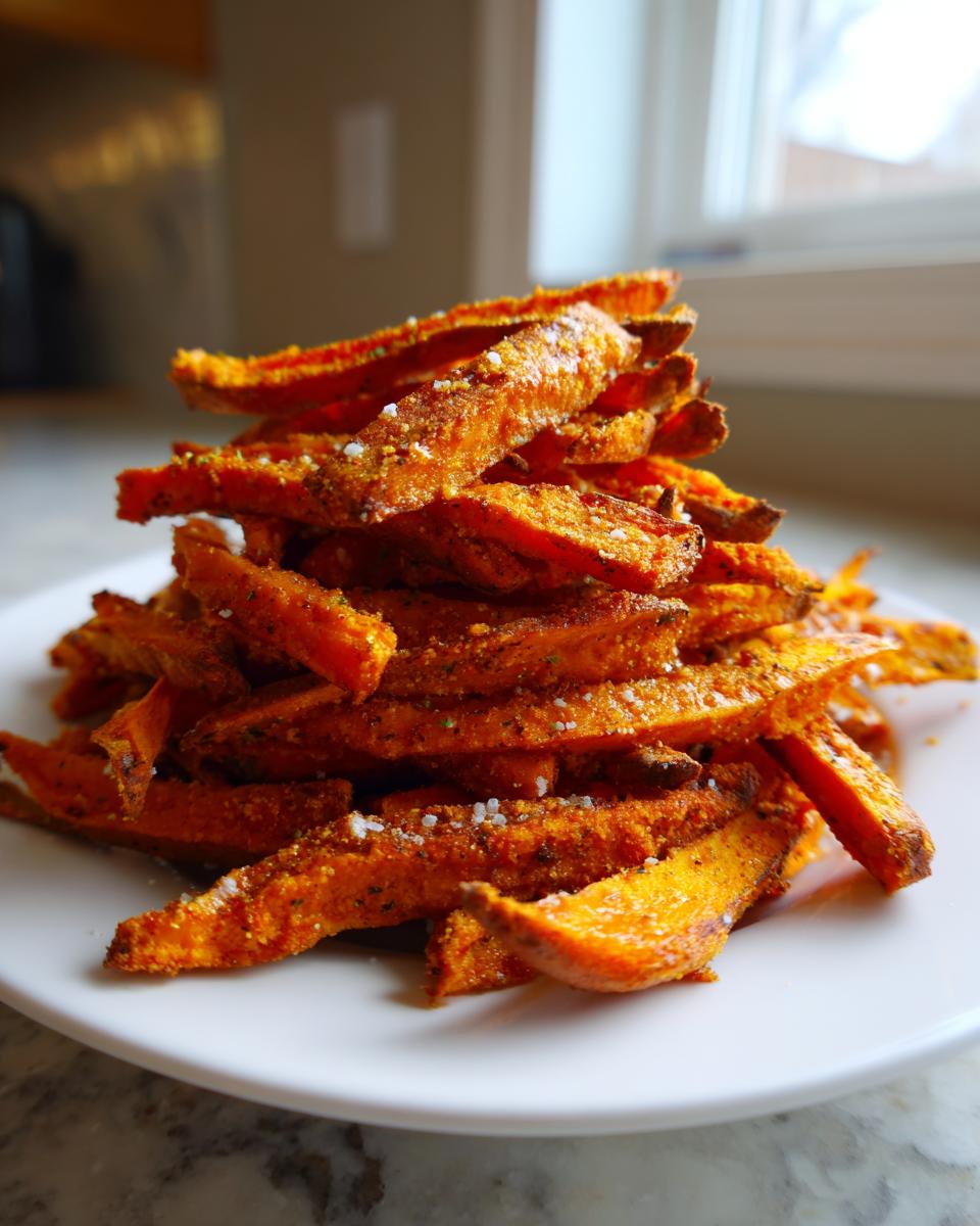 A tall stack of seasoned and perfectly crispy sweet potato fries sprinkled with coarse salt on a white plate.