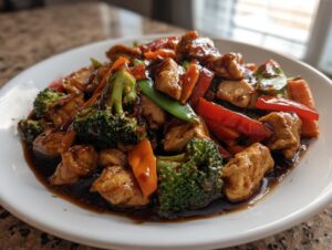 A close-up of a plate featuring chunks of chicken coated in rich sauce, mixed with bright vegetables like broccoli, carrots, and red peppers in a teriyaki chicken stir fry.