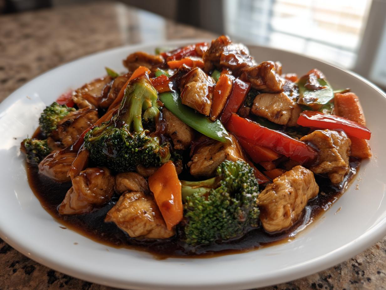 A close-up of a plate featuring chunks of chicken coated in rich sauce, mixed with bright vegetables like broccoli, carrots, and red peppers in a teriyaki chicken stir fry.
