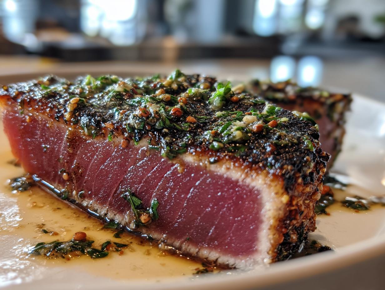 Close-up of a perfectly seared tuna steak, rare in the center, topped with a dark, herby crust.