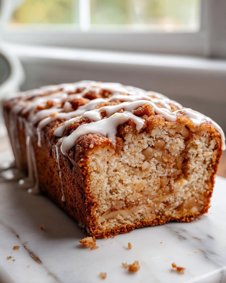 A close-up of a freshly baked apple fritter bread loaf, drizzled with white glaze, showing the moist interior.