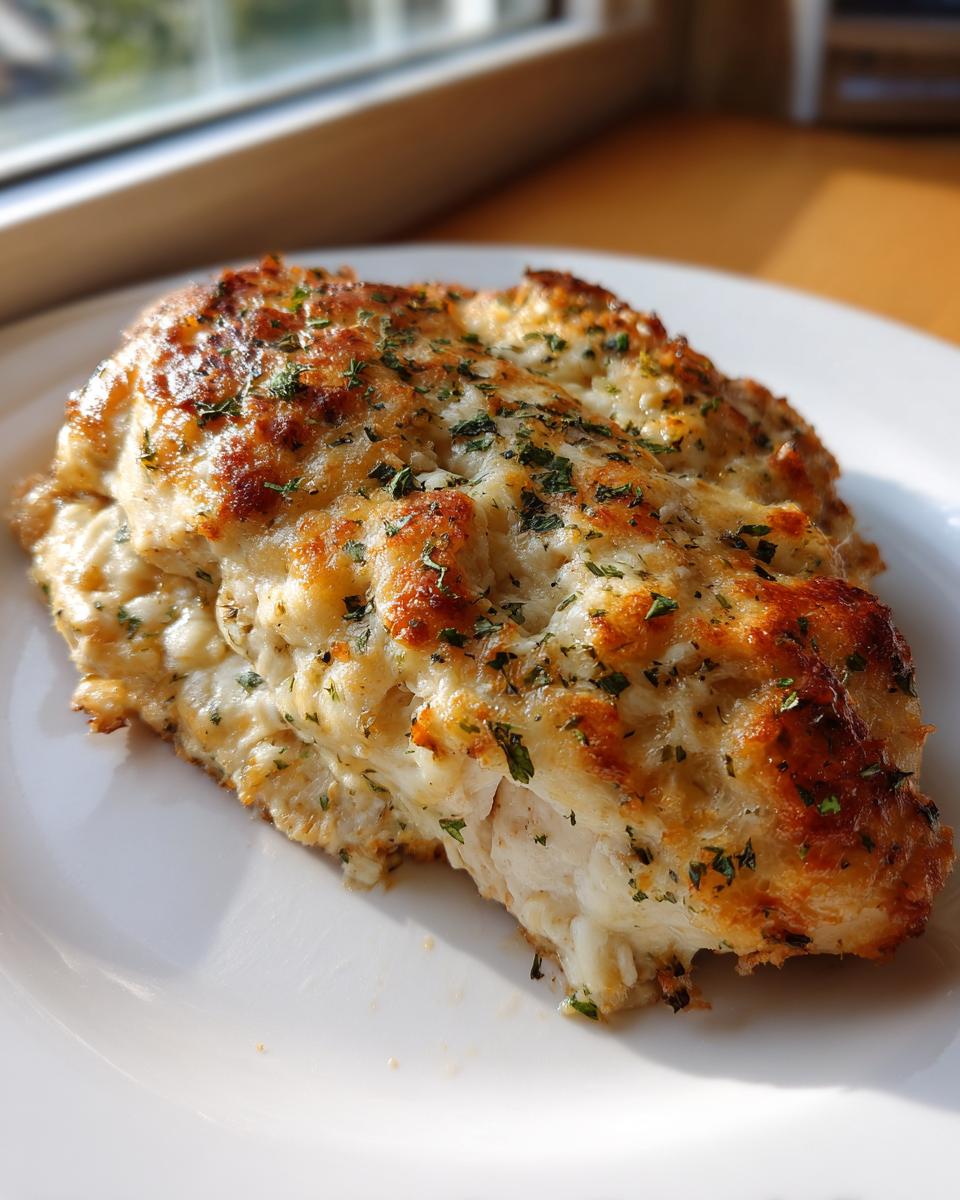 Close-up of a baked caesar chicken breast covered in melted, browned cheese and sprinkled with parsley.