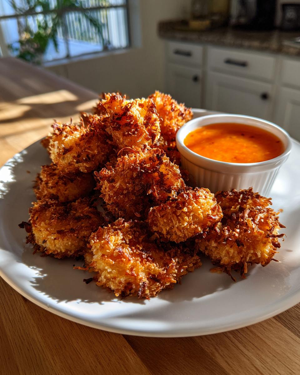 A plate of perfectly golden and crispy baked coconut shrimp served with a side of bright orange sweet chili dipping sauce.