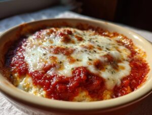 Close-up of a baked cottage cheese pizza bowl topped with bubbling marinara sauce and melted mozzarella cheese.