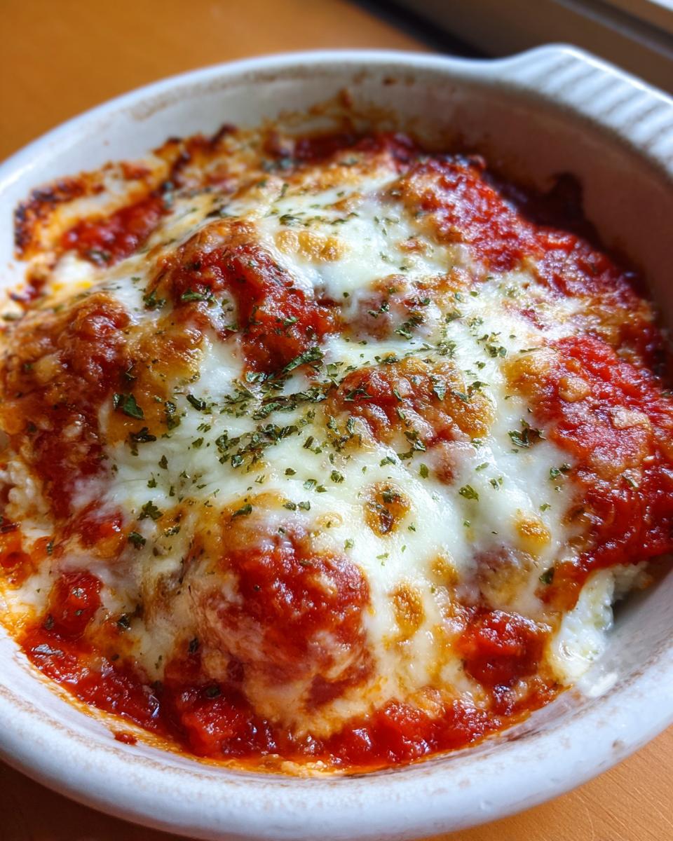 Close-up of a baked cottage cheese pizza bowl topped with bubbling marinara sauce and melted mozzarella cheese, sprinkled with herbs.