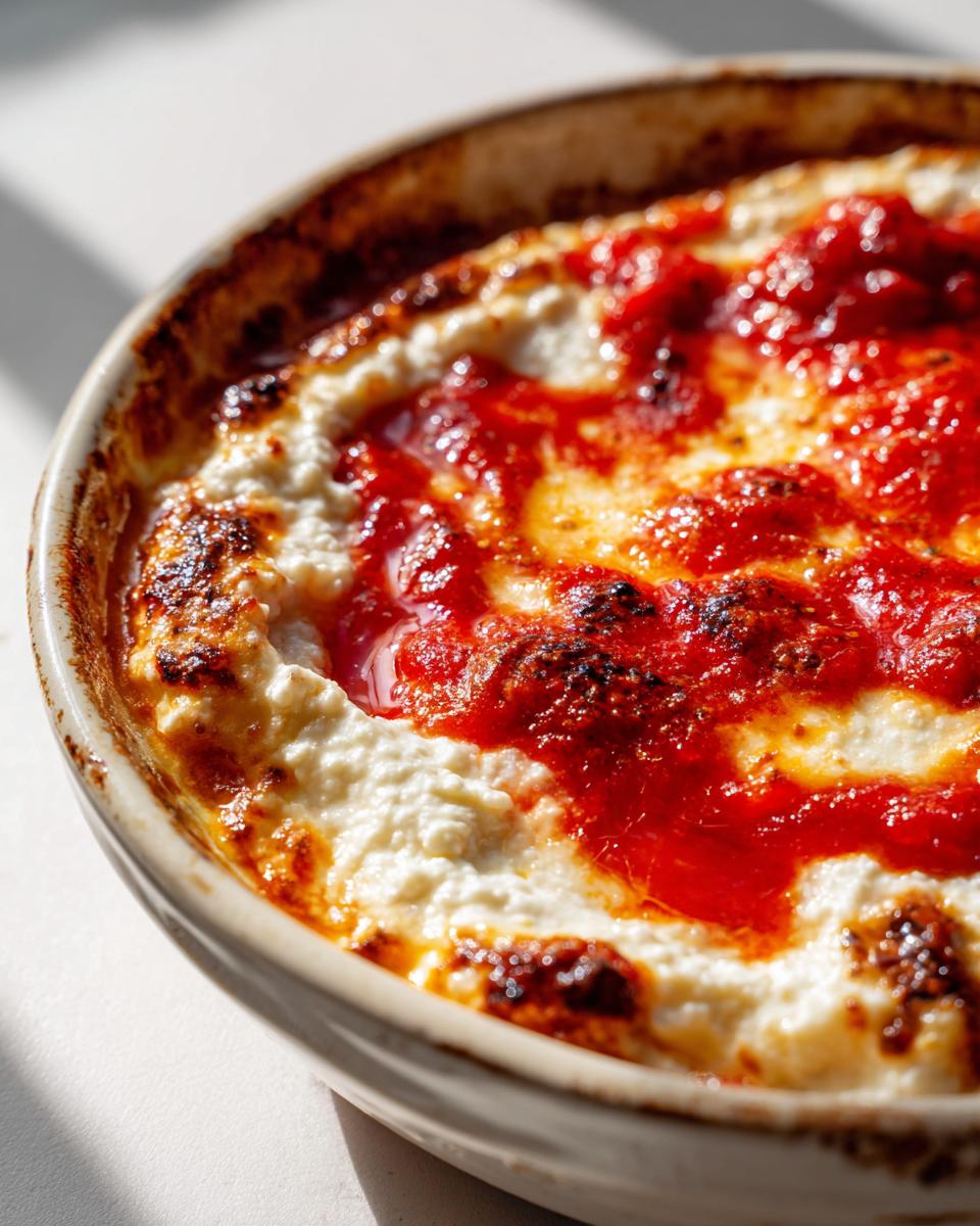 Close-up of a baked cottage cheese pizza bowl with bubbly, browned edges and bright red marinara sauce swirled on top.