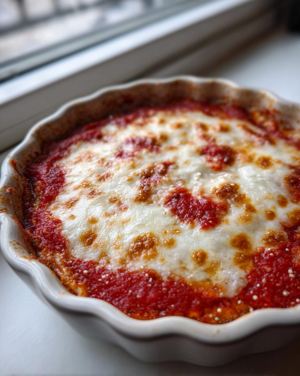 Close-up of a baked cottage cheese pizza bowl topped with bubbling tomato sauce and melted, slightly browned mozzarella cheese.