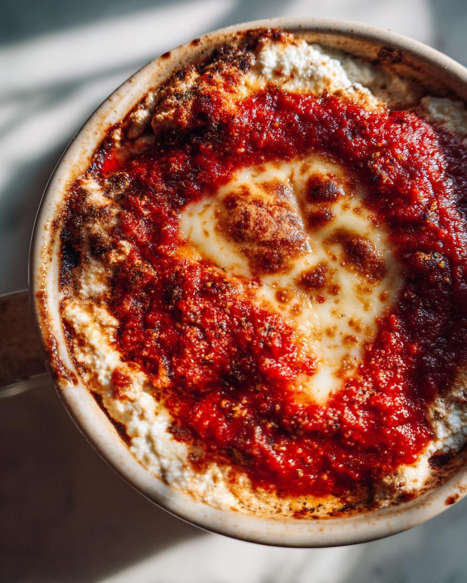 Overhead view of a baked cottage cheese pizza bowl with bubbly red sauce and melted, slightly browned cheese.