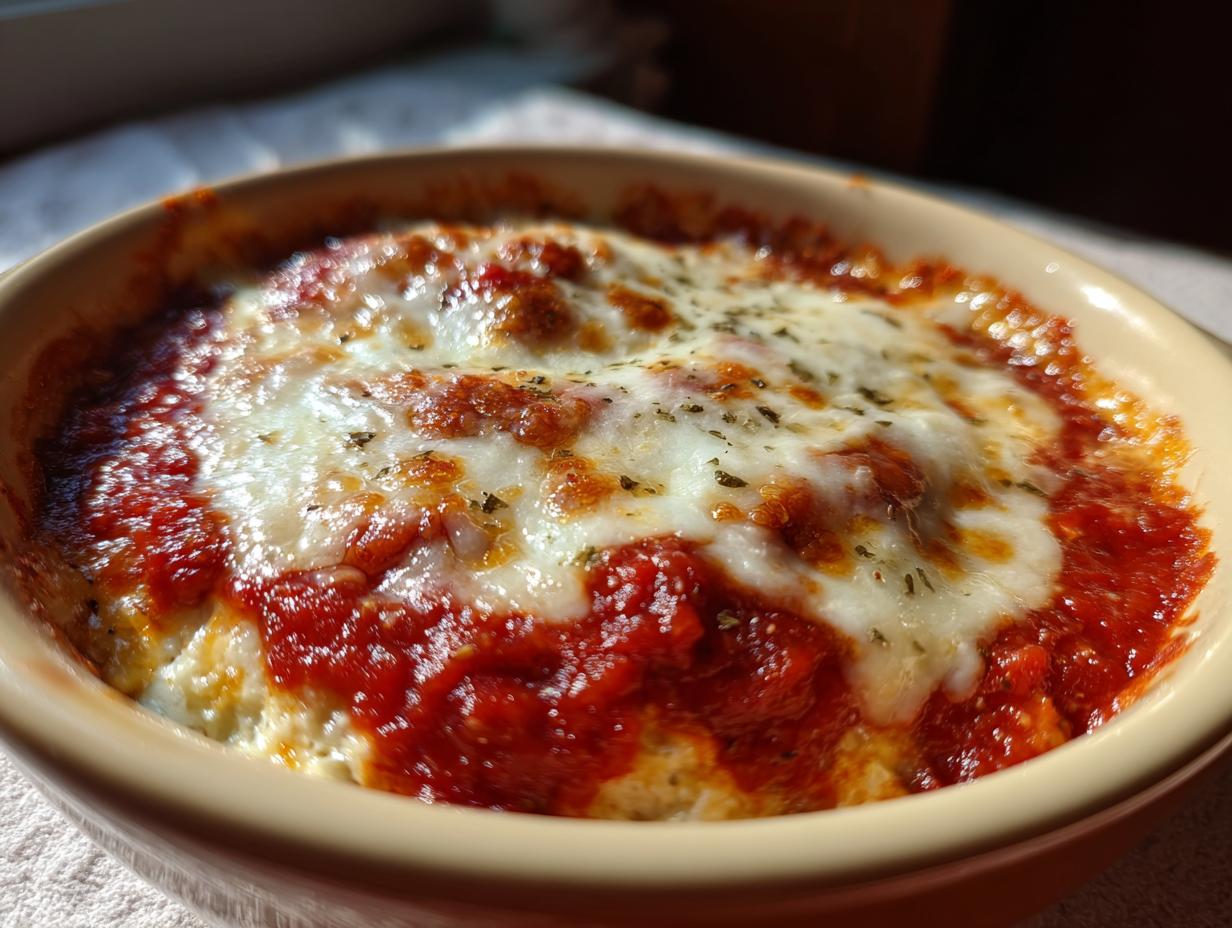Close-up of a baked cottage cheese pizza bowl topped with bubbling marinara sauce and melted mozzarella cheese.